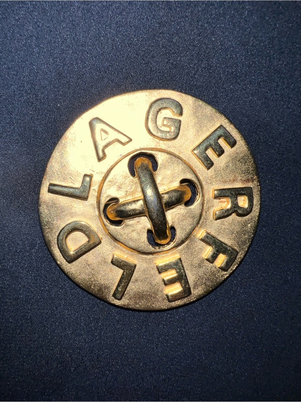 Karl Lagerfeld Gold-Tone Round Logo Button with Crossbar Detail Brooch